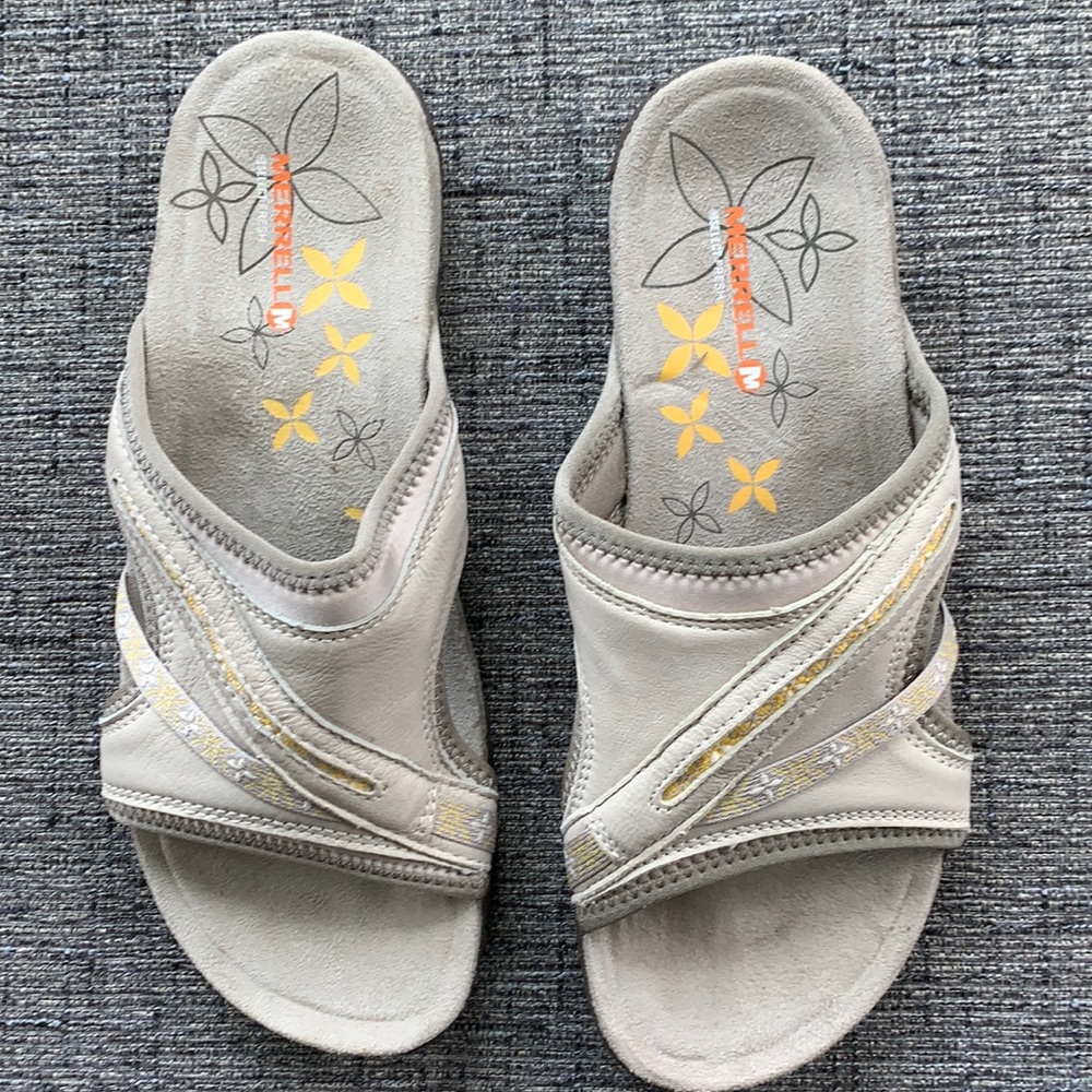 Merrell slides, size 8, cream w/white & yellow